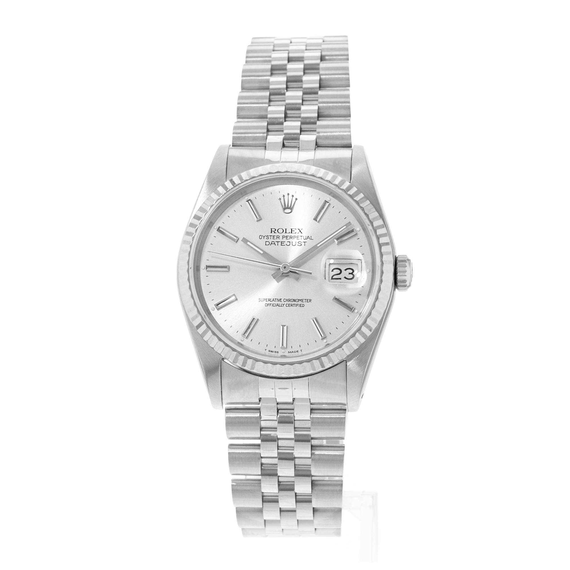 Rolex Datejust 36 16234 Silver Index Fluted Steel White Gold Mens Watch 1990 thumbnail 3