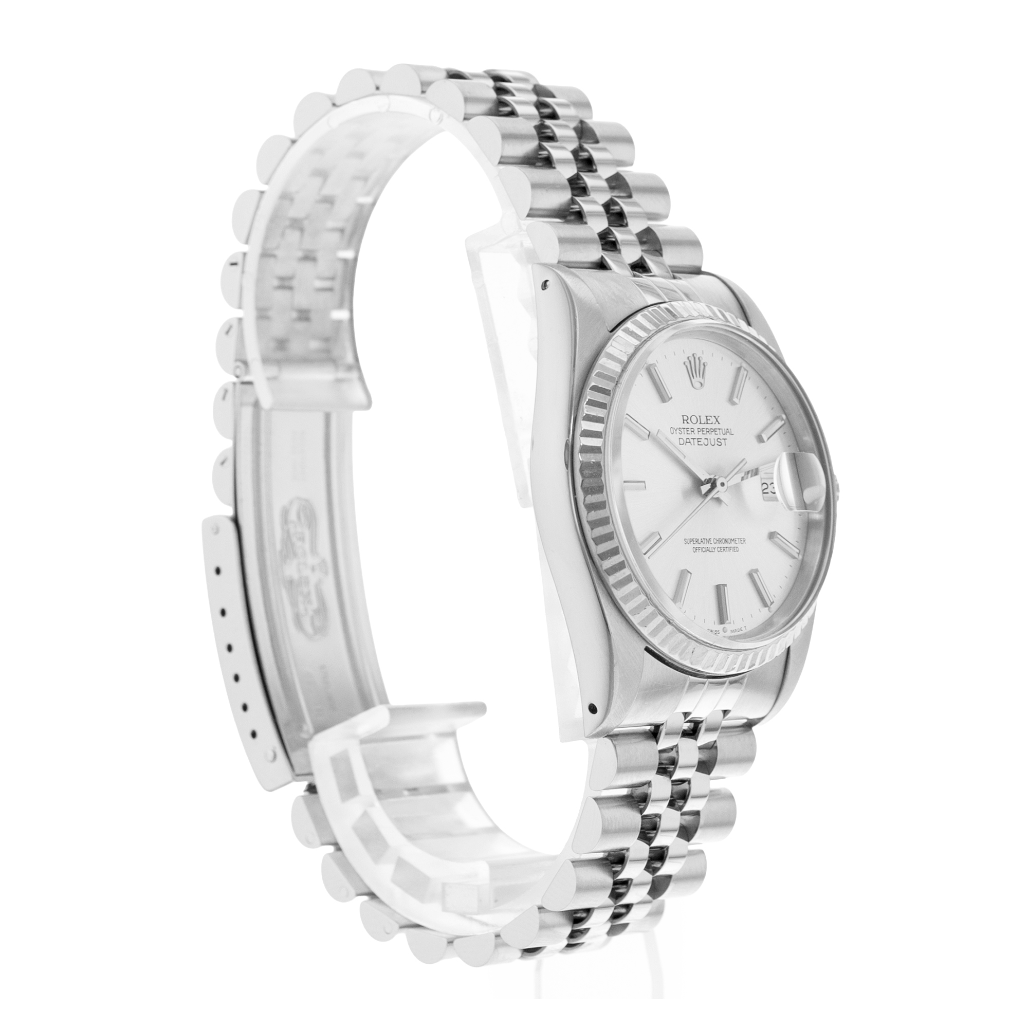 Rolex Datejust 36 16234 Silver Index Fluted Steel White Gold Mens Watch 1990 thumbnail 5