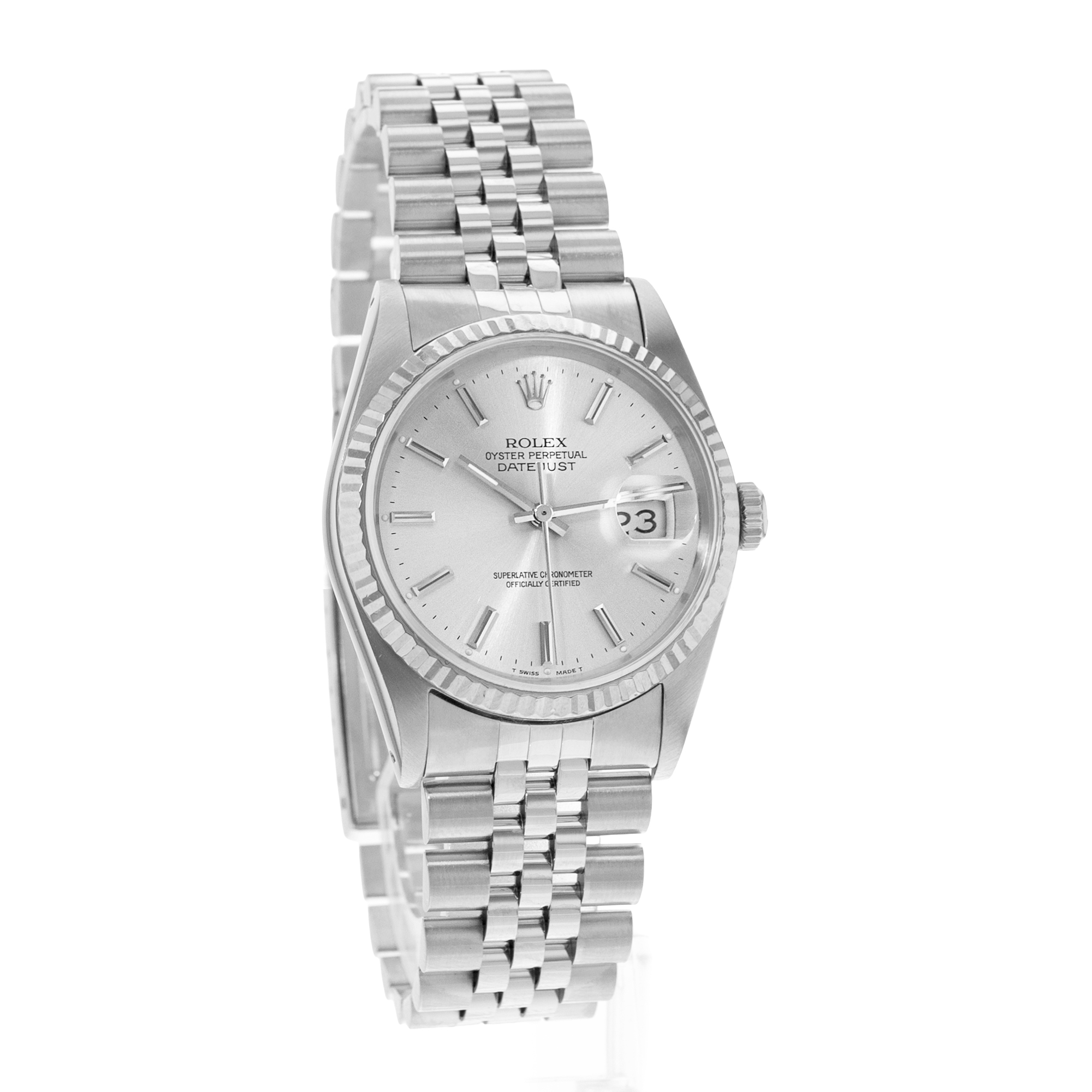 Rolex Datejust 36 16234 Silver Index Fluted Steel White Gold Mens Watch 1990 thumbnail 6