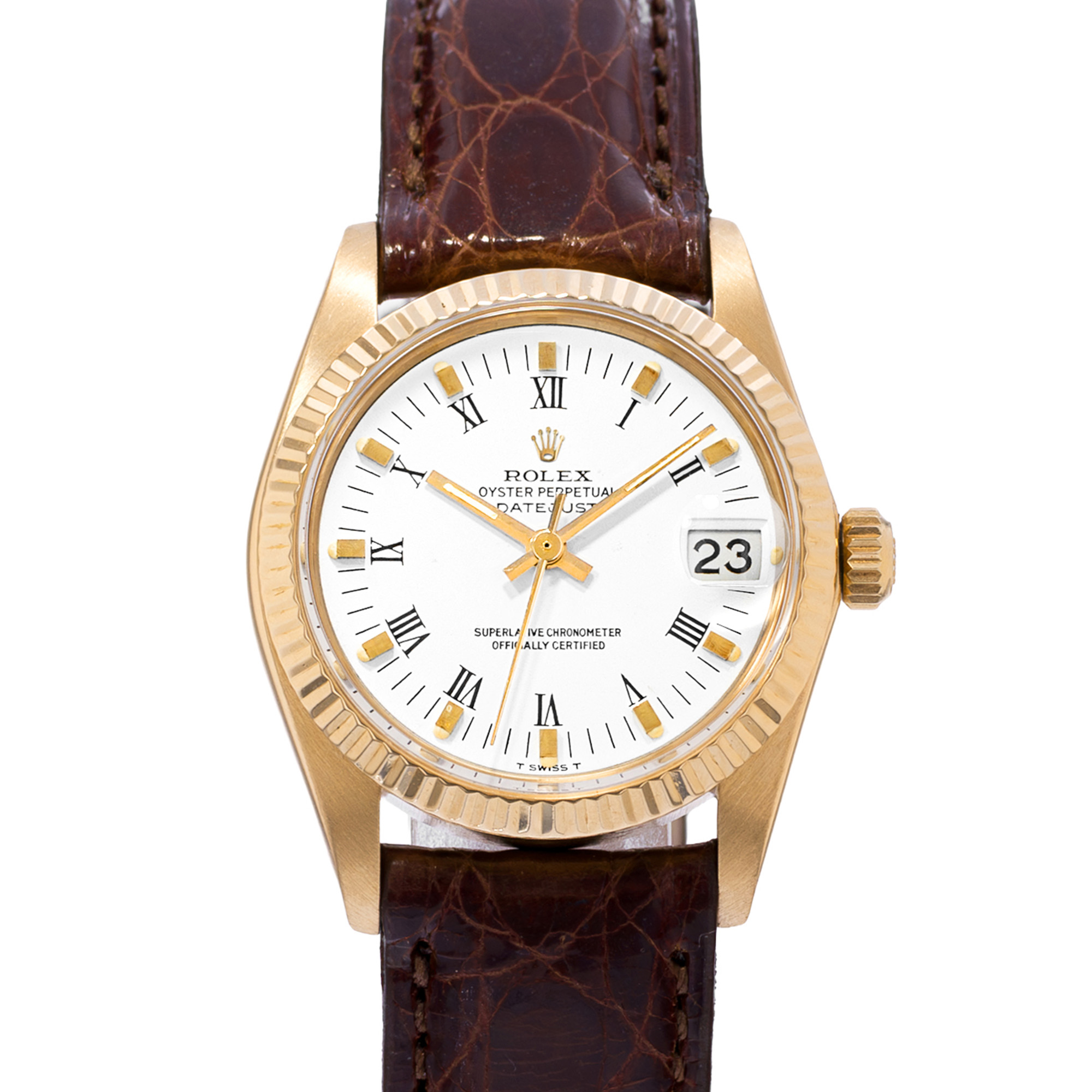 Rolex Datejust 31 6827 White Roman 18K Yellow Gold Leather Ladies Watch 1980 thumbnail 1