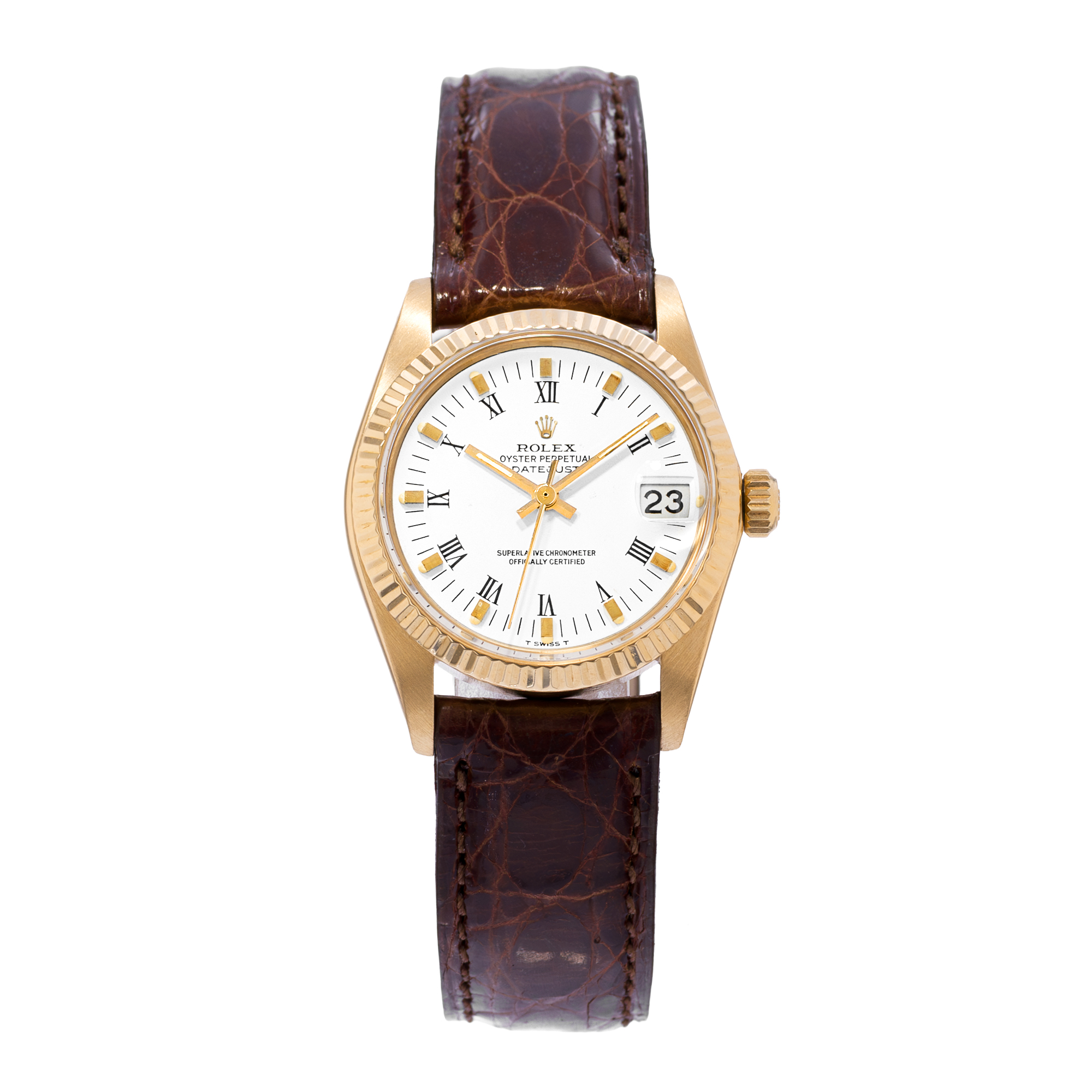 Rolex Datejust 31 6827 White Roman 18K Yellow Gold Leather Ladies Watch 1980 thumbnail 2
