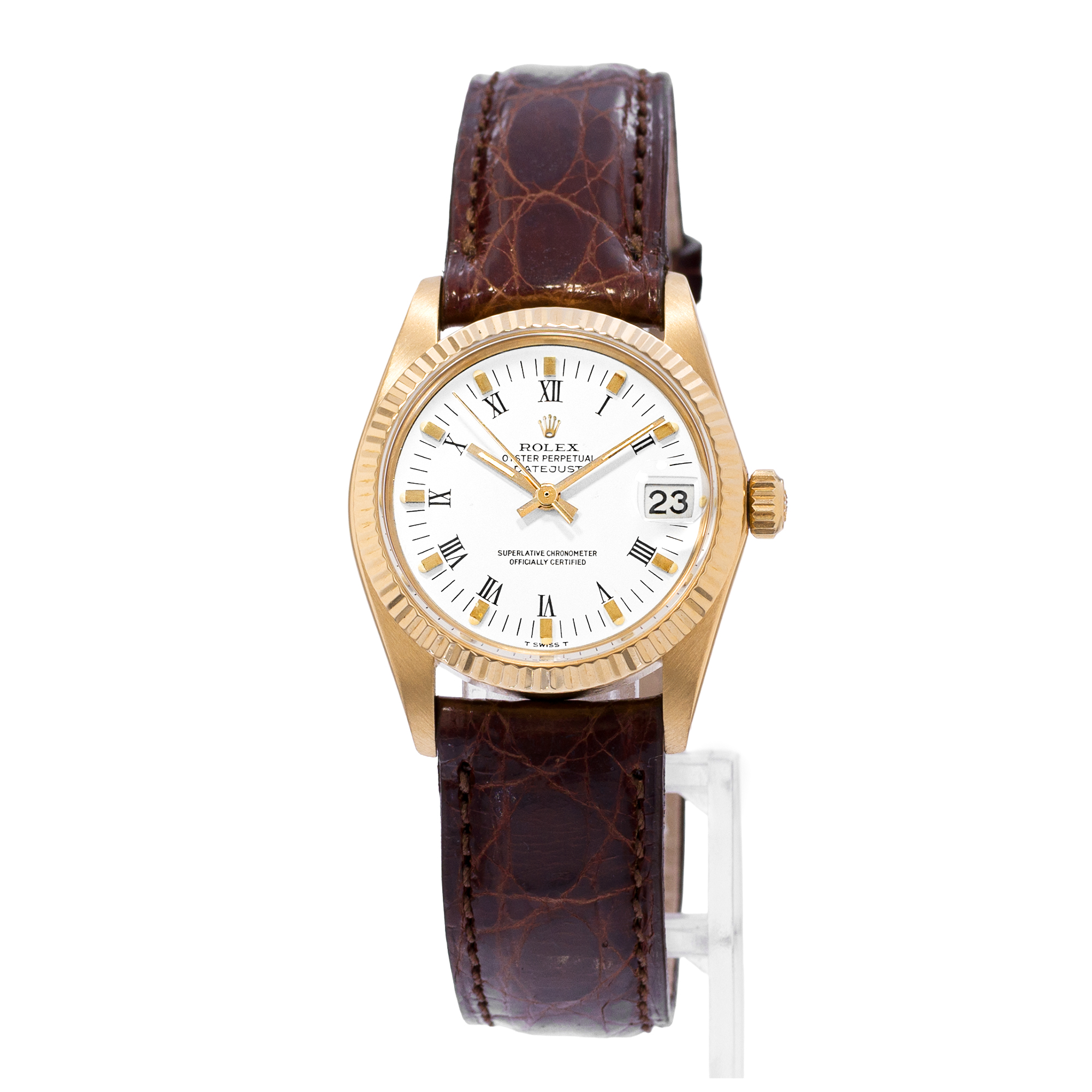 Rolex Datejust 31 6827 White Roman 18K Yellow Gold Leather Ladies Watch 1980 thumbnail 3