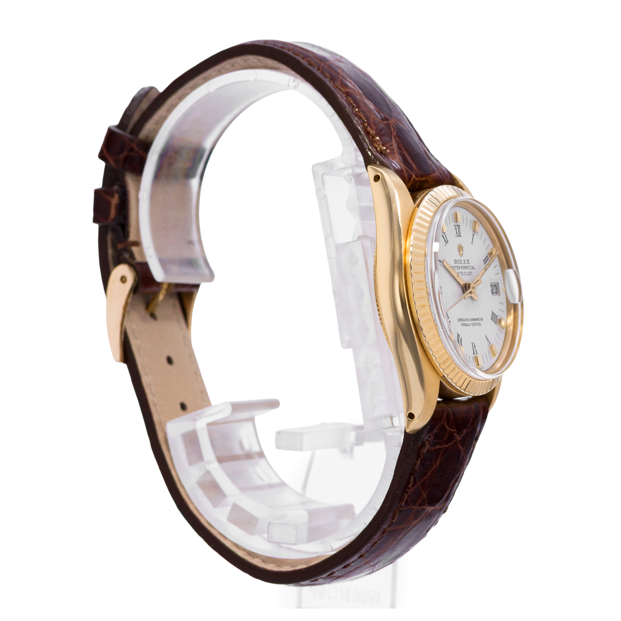 Rolex Datejust 31 6827 White Roman 18K Yellow Gold Leather Ladies Watch 1980 thumbnail 5