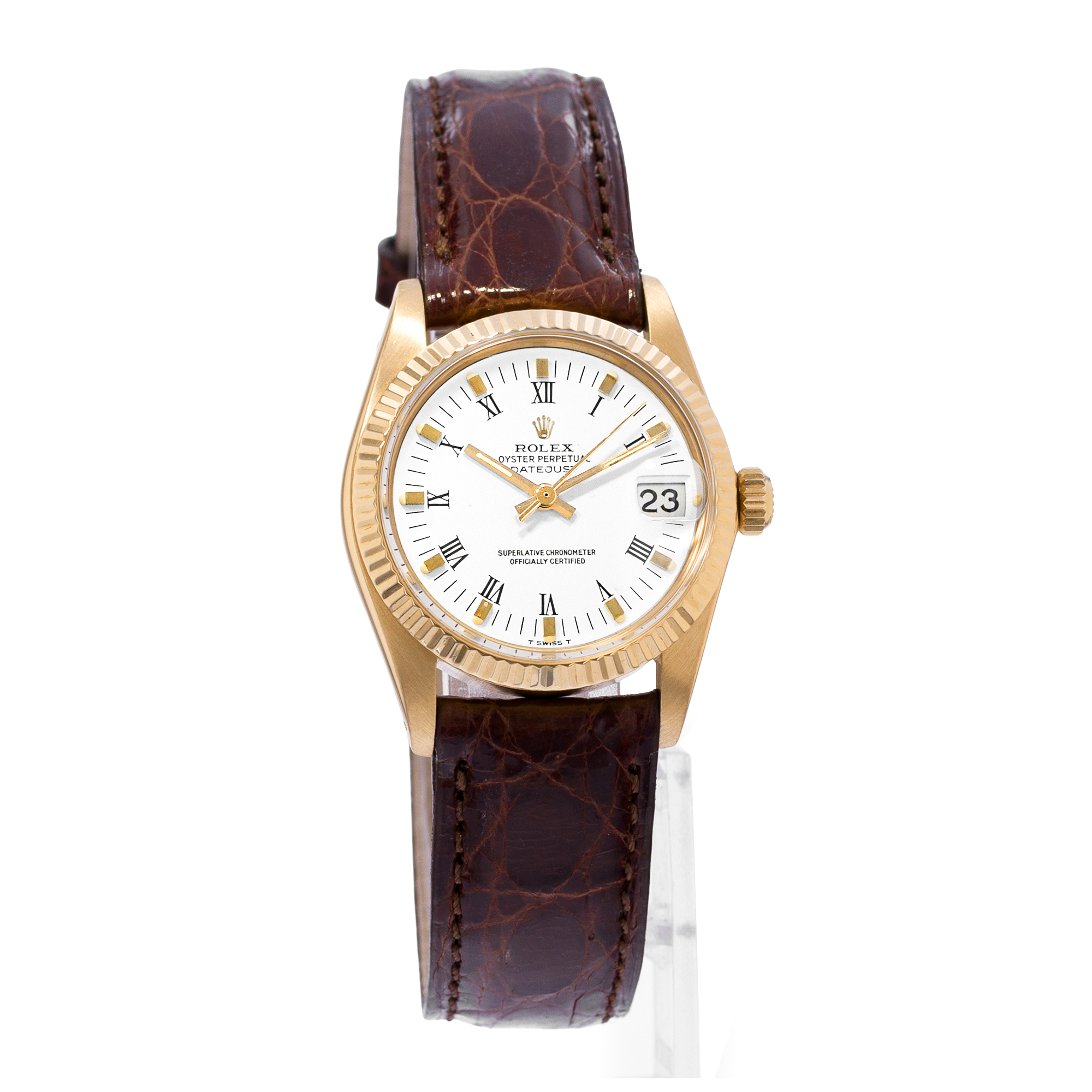 Rolex Datejust 31 6827 White Roman 18K Yellow Gold Leather Ladies Watch 1980 thumbnail 6