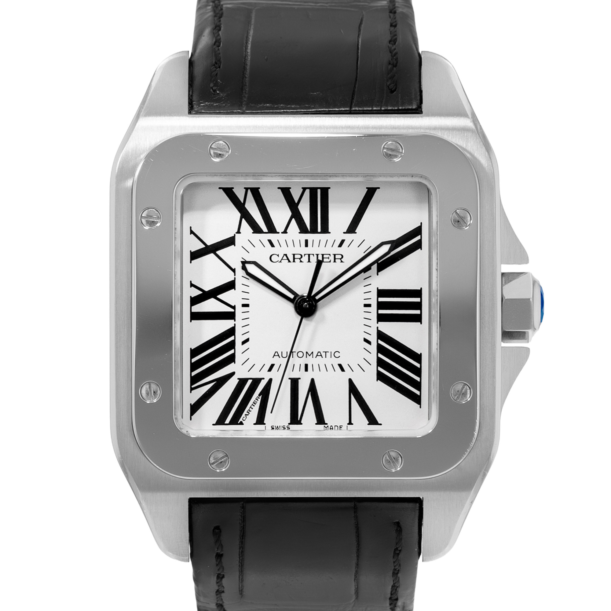 Cartier Santos 100 W20073X8 2656 38mm XL Silver Dial Steel Leather Mens Watch thumbnail 1