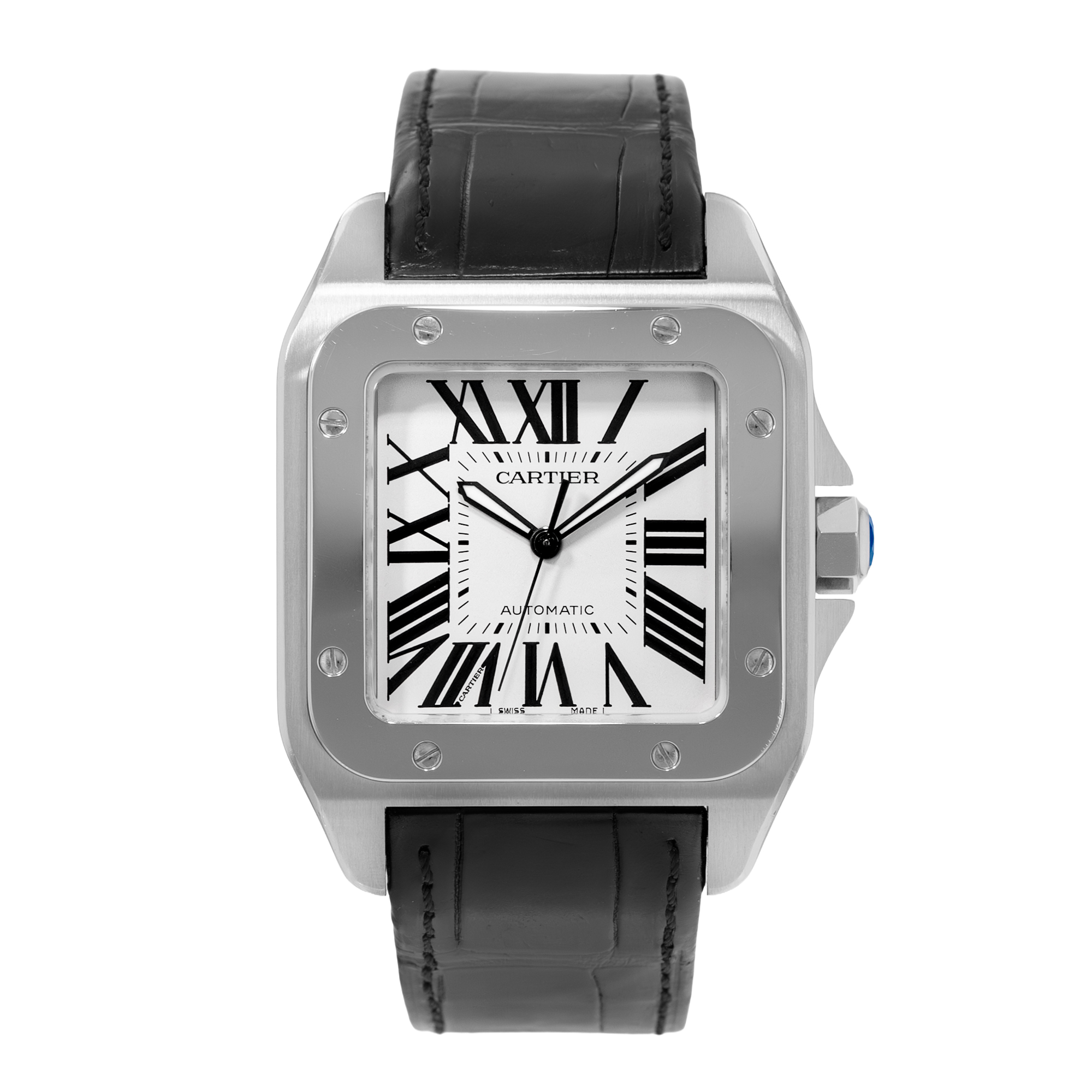 Cartier Santos 100 W20073X8 2656 38mm XL Silver Dial Steel Leather Mens Watch thumbnail 2