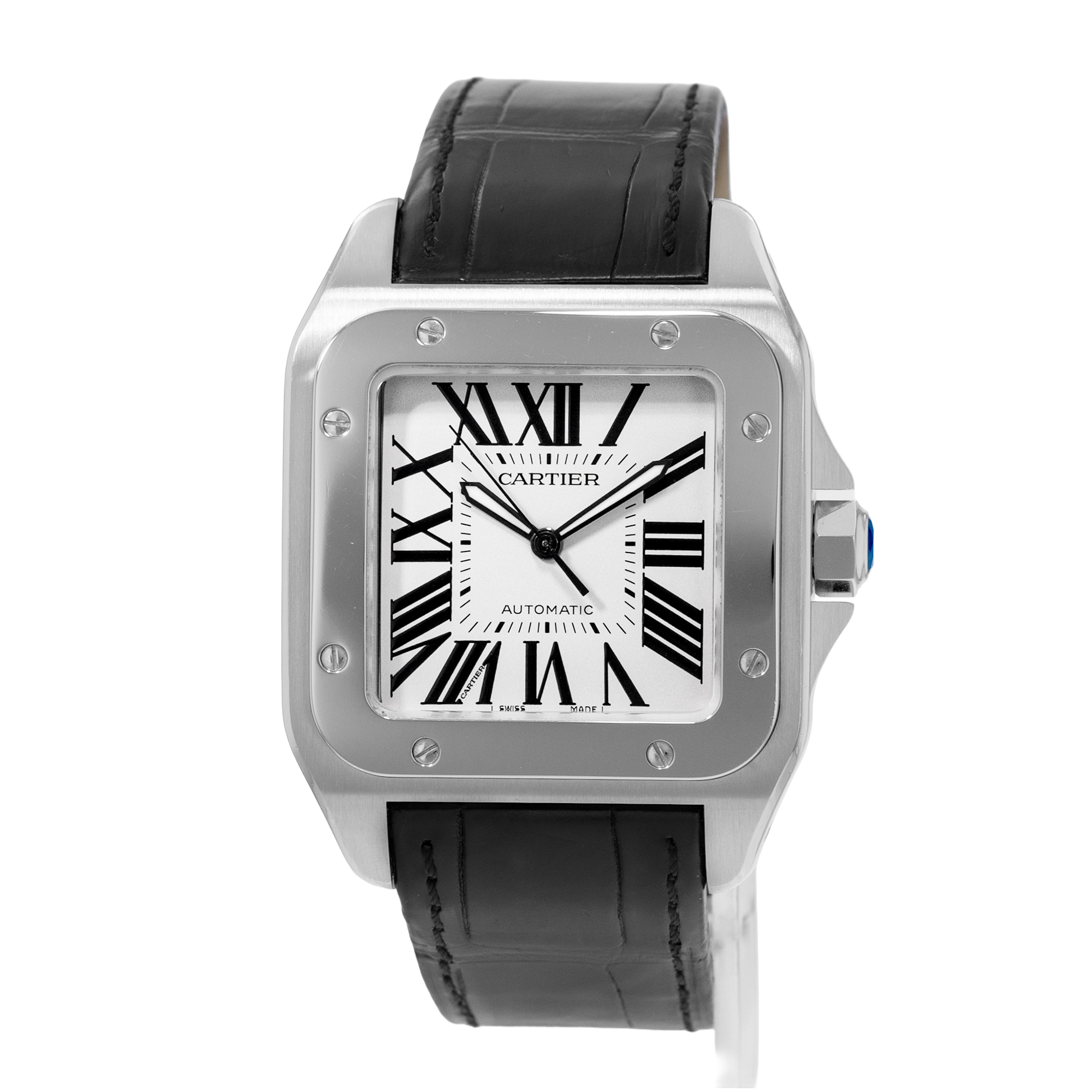 Cartier Santos 100 W20073X8 2656 38mm XL Silver Dial Steel Leather Mens Watch thumbnail 3