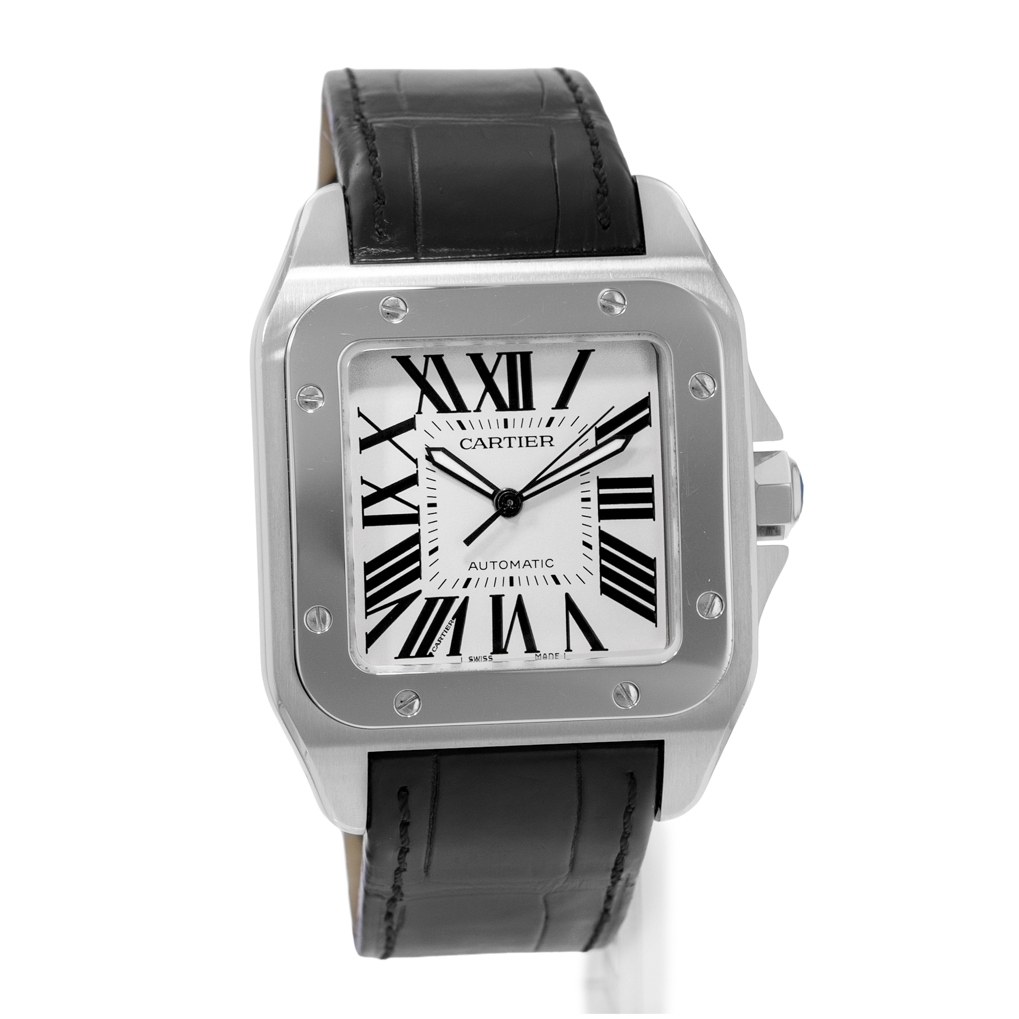 Cartier Santos 100 W20073X8 2656 38mm XL Silver Dial Steel Leather Mens Watch thumbnail 6