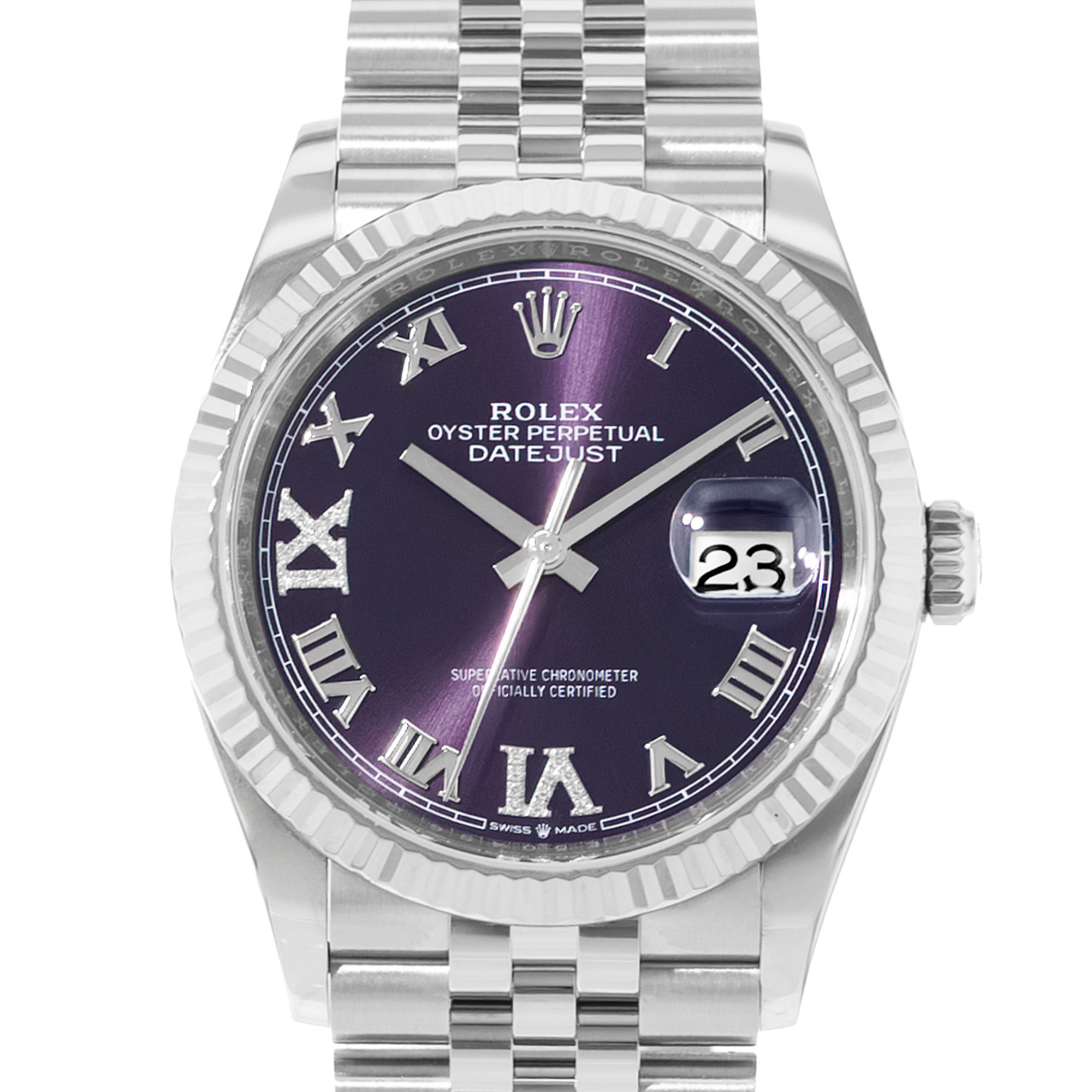 Rolex Datejust 36 126234 Purple Diamond Roman Steel Gold Mens Watch Card 2023 thumbnail 1
