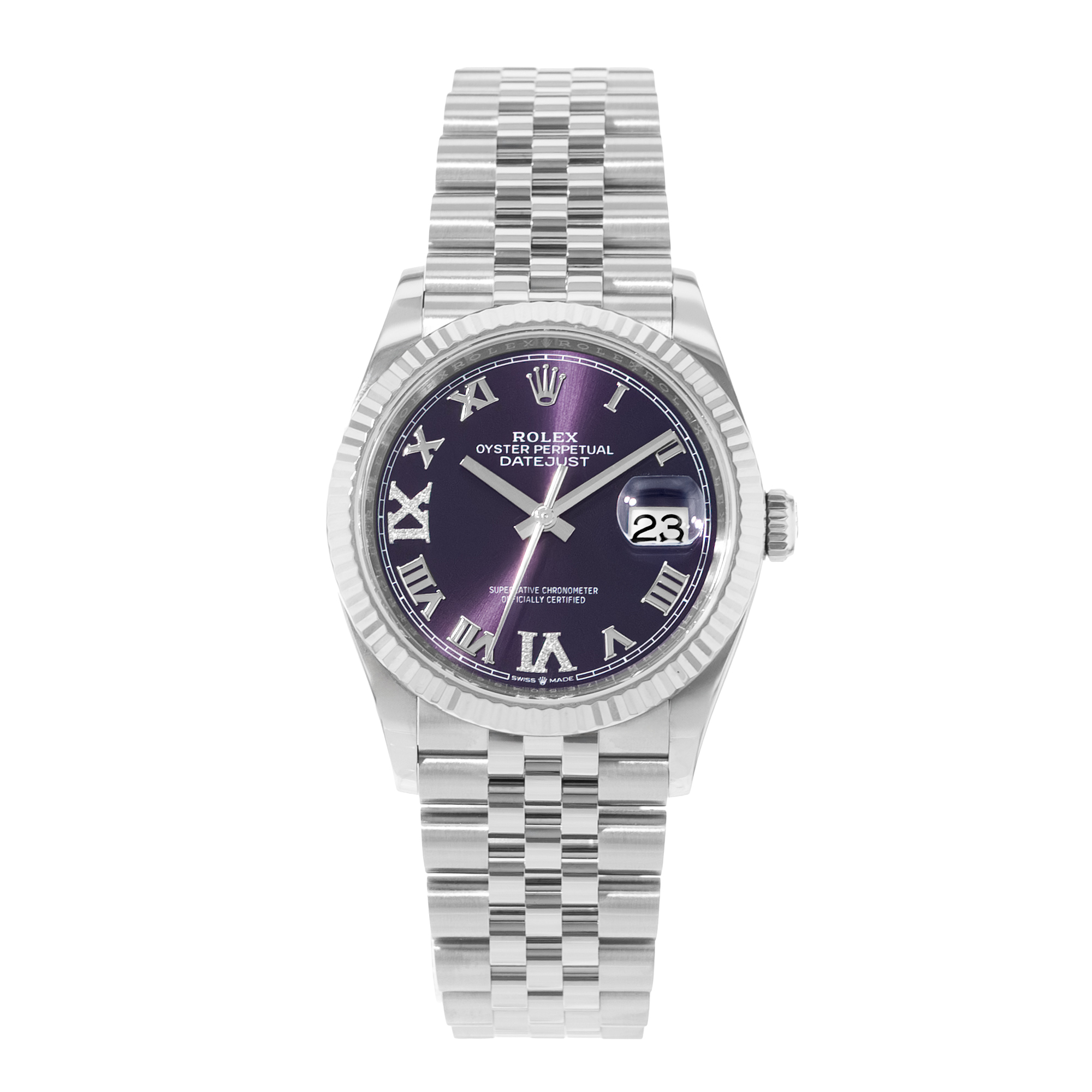 Rolex Datejust 36 126234 Purple Diamond Roman Steel Gold Mens Watch Card 2023 thumbnail 2