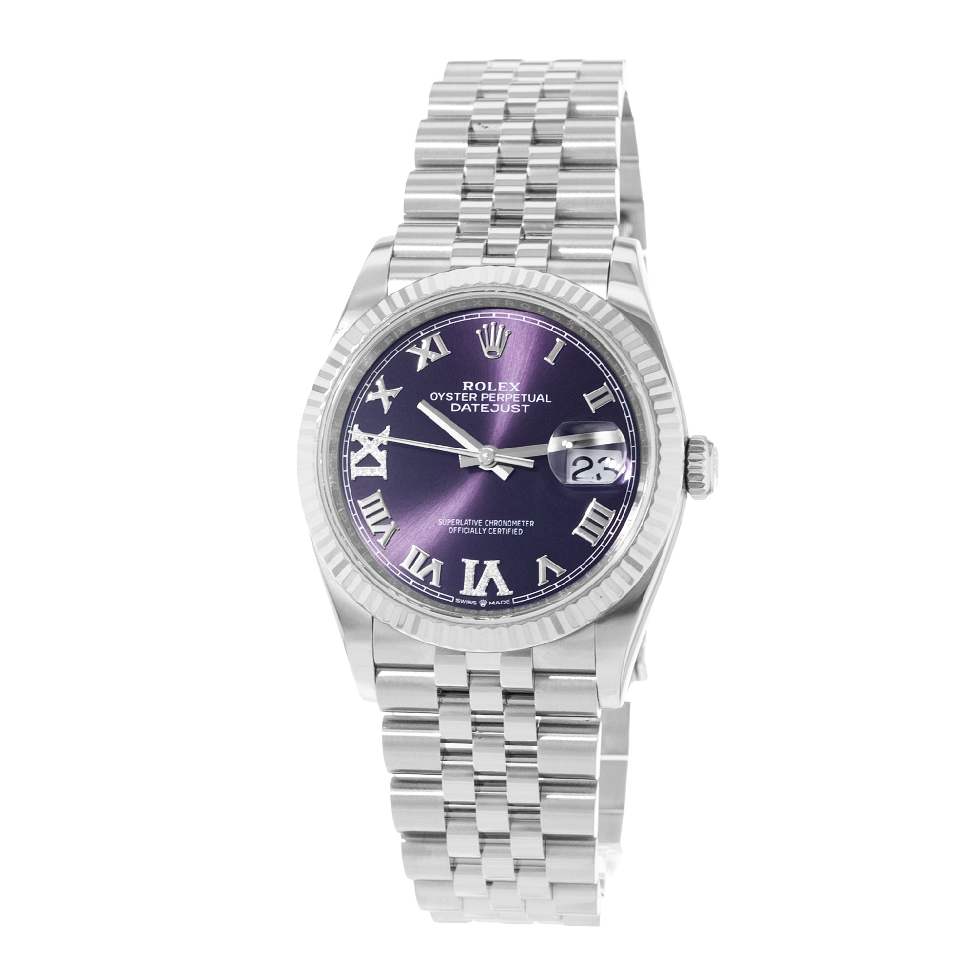 Rolex Datejust 36 126234 Purple Diamond Roman Steel Gold Mens Watch Card 2023 thumbnail 4